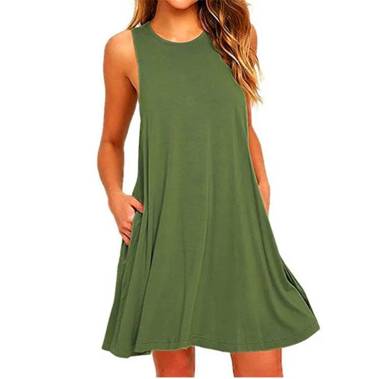 Minimalist Button-Up Cotton Linen Dress — V-Neck, Short Sleeve, Pocket Casual
