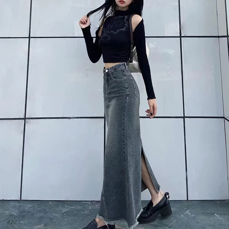 Retro Denim Long Skirt — Casual Autumn Street Style