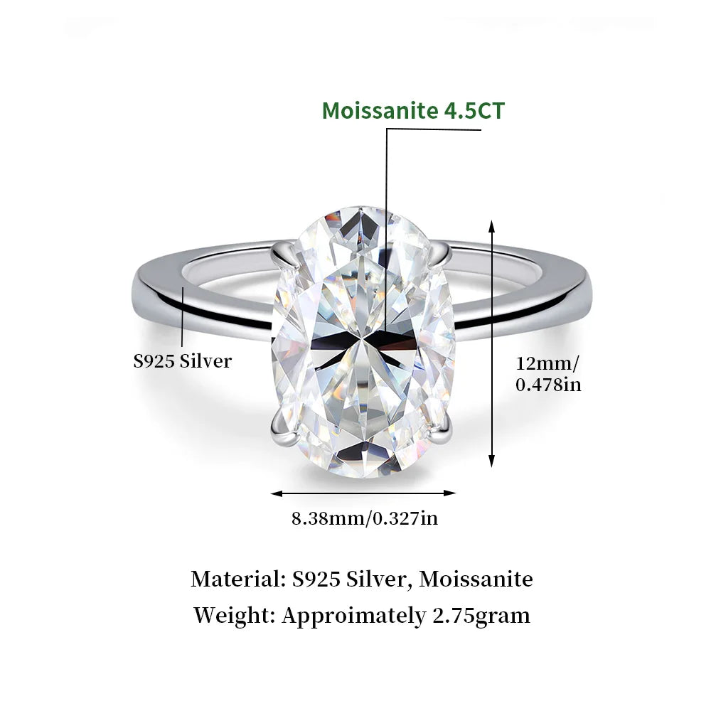 Certified 4.5CT Oval Moissanite Engagement Ring – 925 Sterling Silver