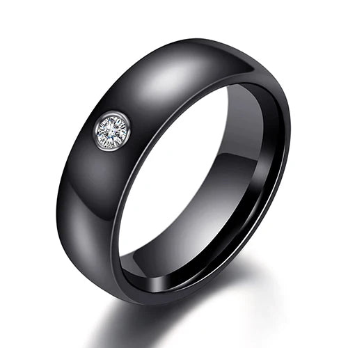 6mm Black & White Ceramic Ring – Crystal Inlay Wedding Band