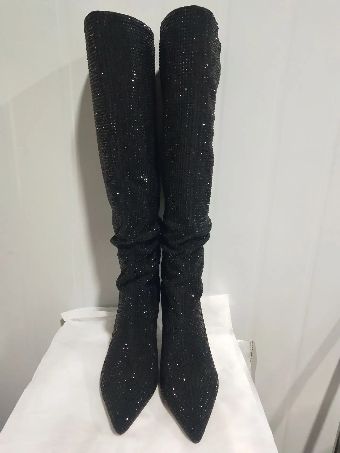 CrystalKnee | Large Size Pointed Rhinestone Knee High Boots