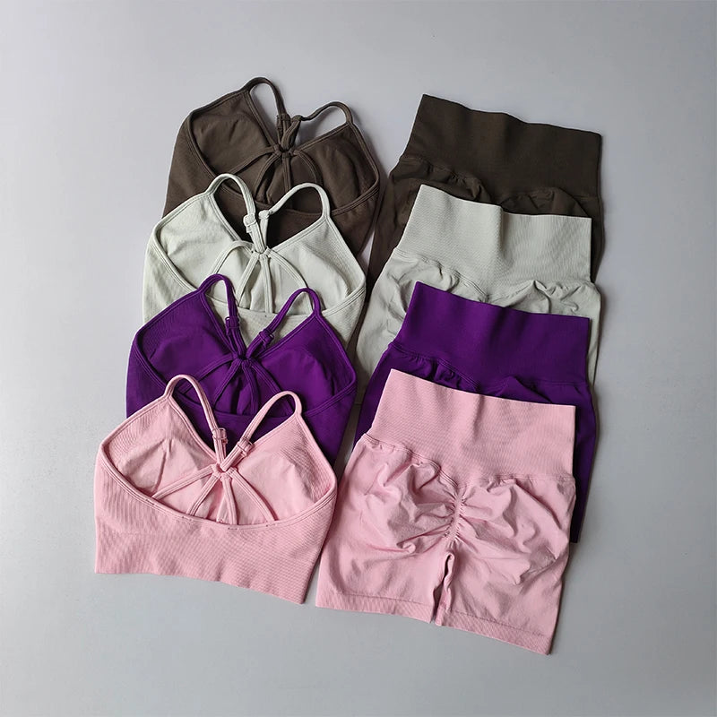 High-Waist Yoga Set — Strappy Back Bra & Sculpting Shorts 3-Piece Activewear