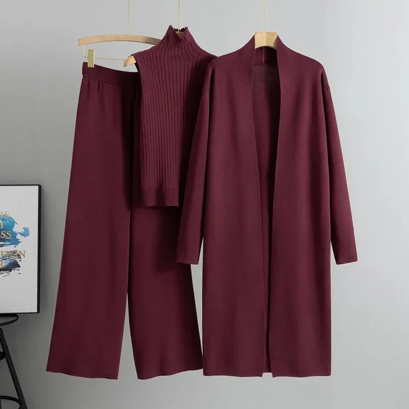 Vintage Cardigan Tracksuit – Knitted Sweater & Pant Three Piece Set
