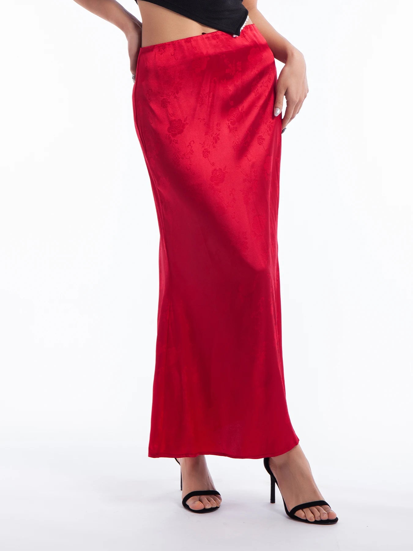 Red Silk Satin Pleated Maxi Skirt — Elegant Y2K Party