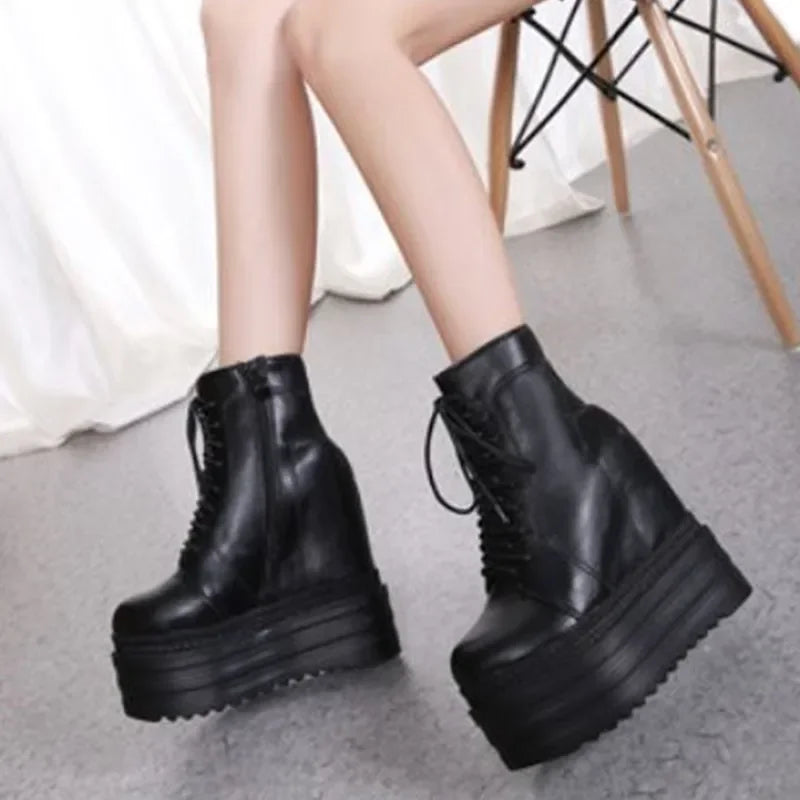 PunkRise | 14CM Wedge Ankle Boots – Black Rubber Sole Platform