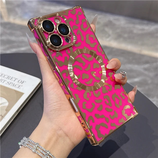 MagSafe Leopard Print Case – iPhone 13 to 16 Pro Max | Magnetic Frame + Luxury Finish