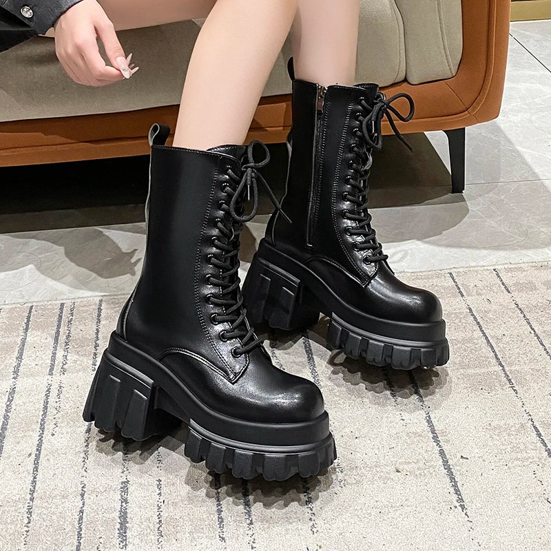 MotoChunk | 9CM Chunky Platform Ankle Boots – Non-Slip Combat Style