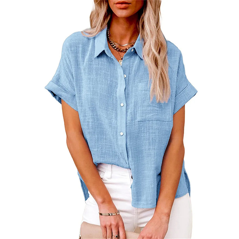 Classic V-Neck Blouse — Short Sleeve, Loose Fit, White