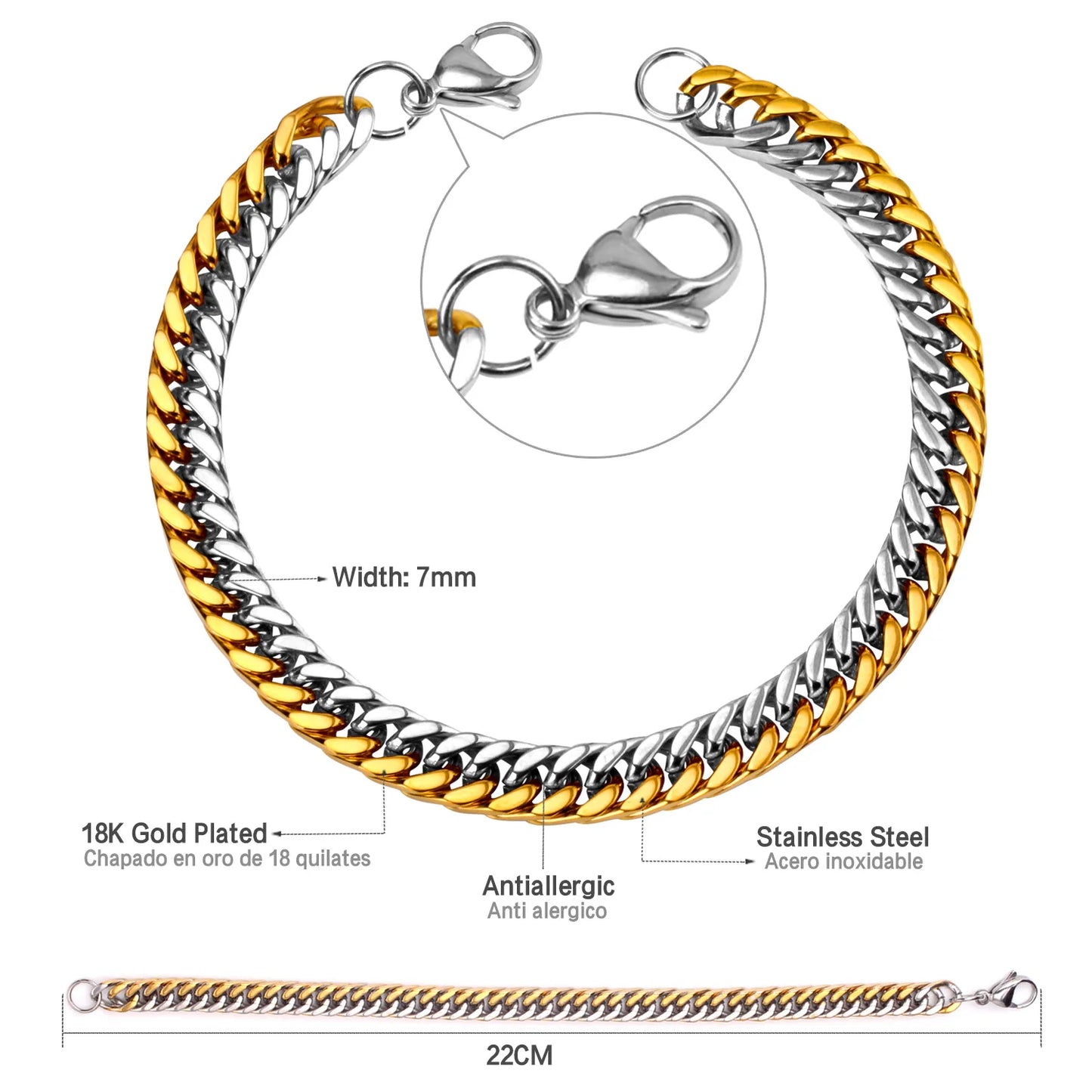 Cuban Chain Bracelet – Stainless Steel, Gold-Tone, Punk Style Jewelry for Men & Women