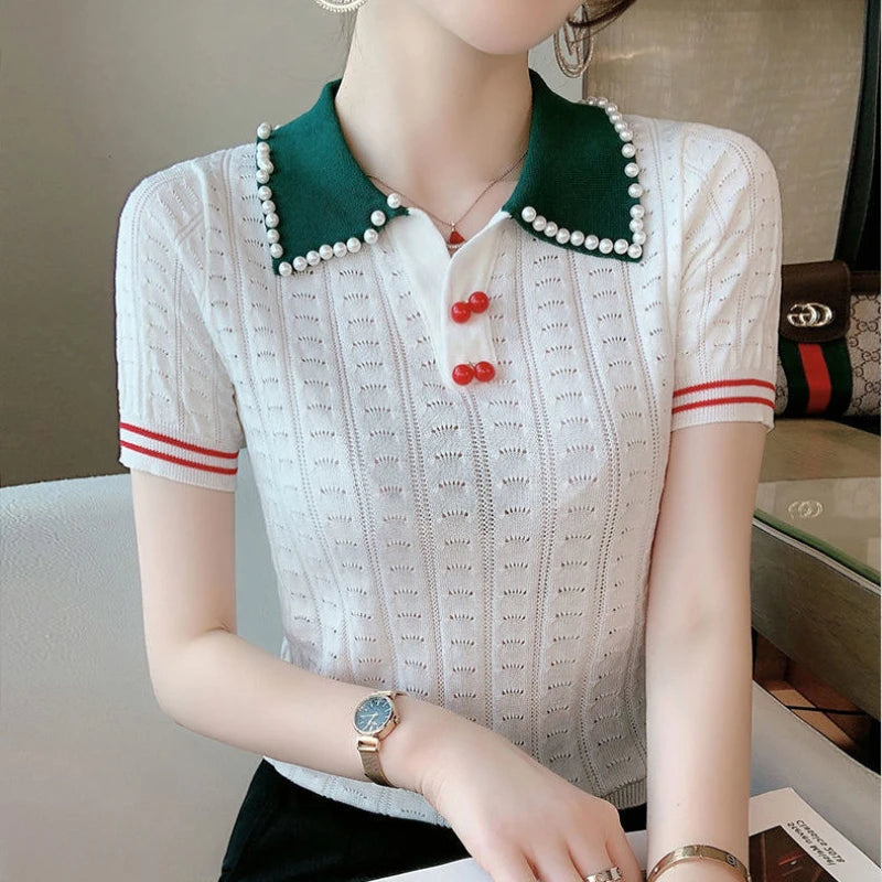 Beaded Polo Collar Top — Ice Silk Summer Sweater
