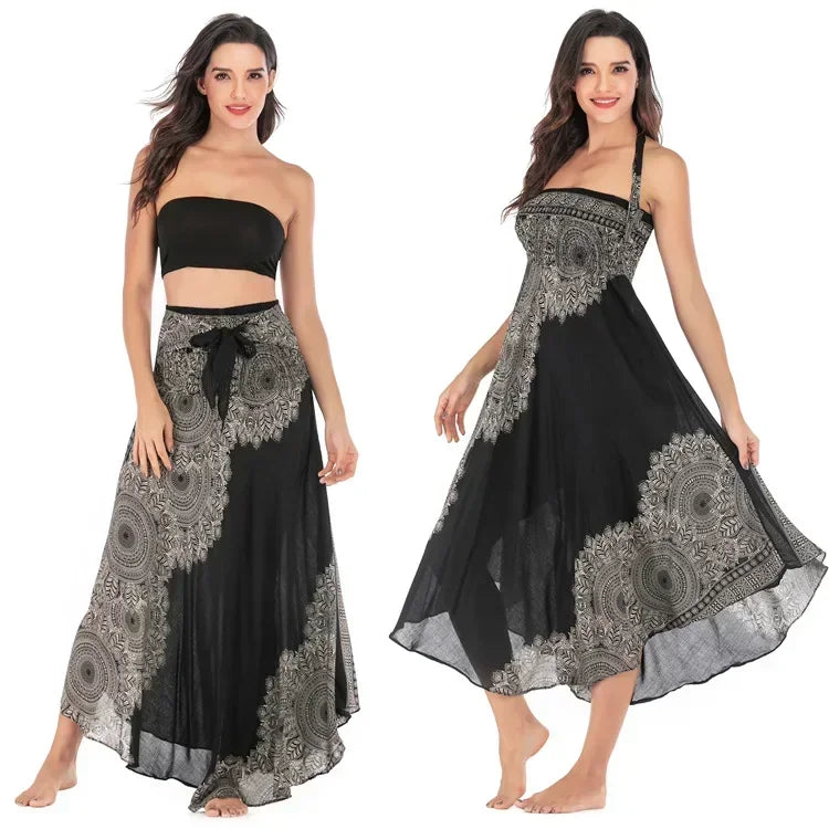 Black Patchwork Bandage Skirt — Ankle-Length
