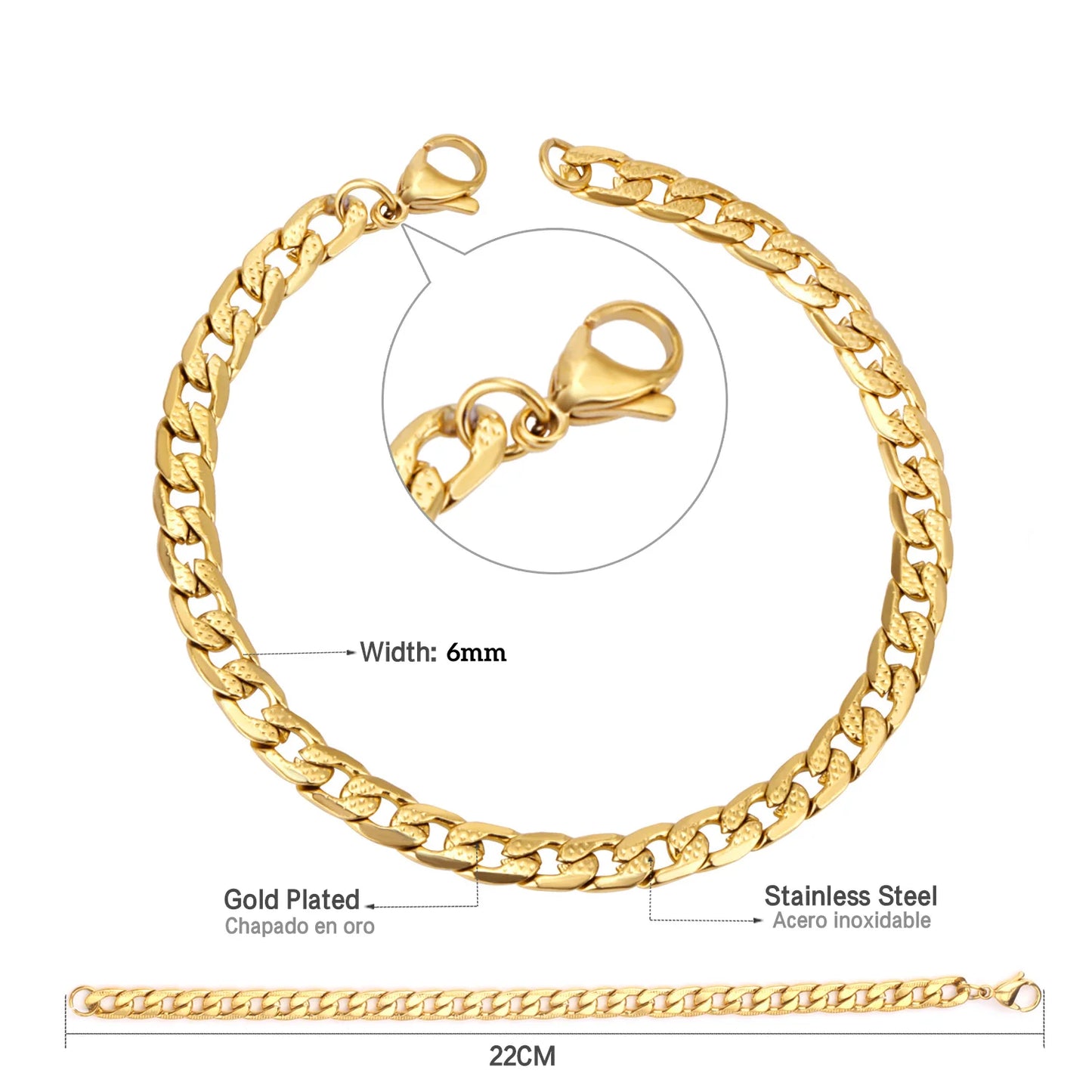 Cuban Chain Bracelet – Stainless Steel, Gold-Tone, Punk Style Jewelry for Men & Women