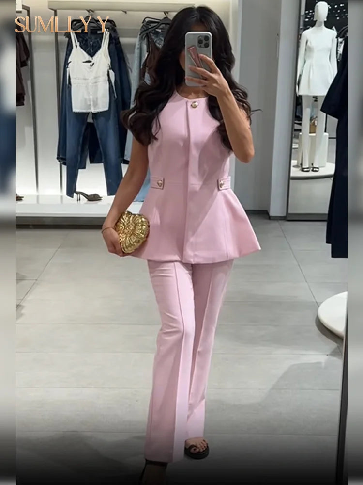 Chic Pink Vest Set – Sleeveless Top & High Waist Pants