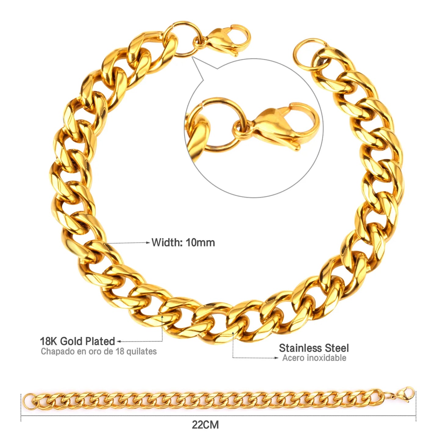 Cuban Chain Bracelet – Stainless Steel, Gold-Tone, Punk Style Jewelry for Men & Women