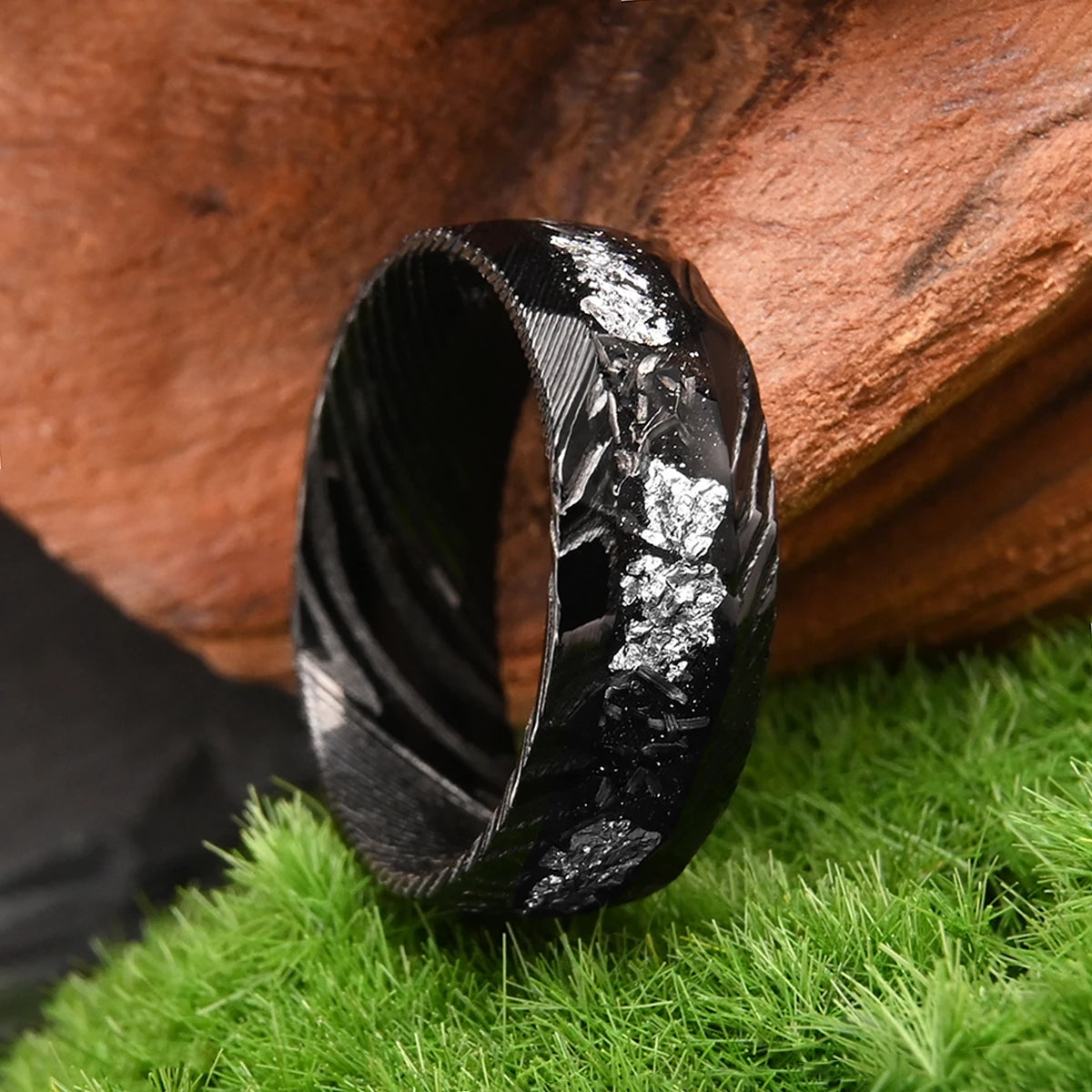 Damascus Steel Ring – 8mm Black Band with Silvery Foil Inlay, Wedding or Casual Wear