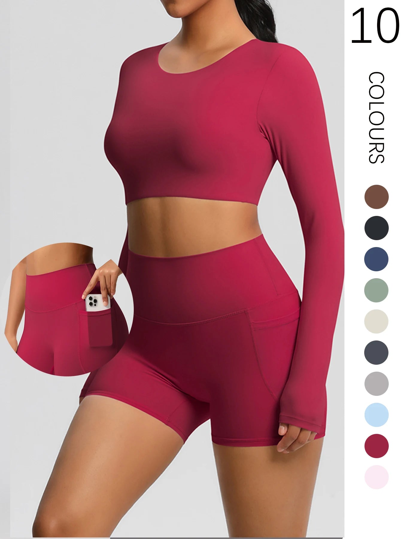 2-Piece Activewear Set — Long Sleeve Crop Top & High-Waist Yoga Shorts