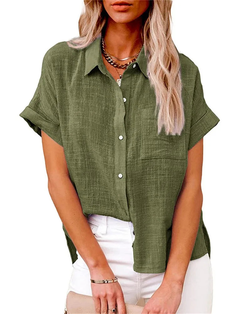 Classic V-Neck Blouse — Short Sleeve, Loose Fit, White