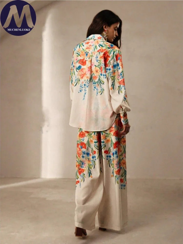 Printed Resort Set – Long Sleeve Shirt & Wide Pants