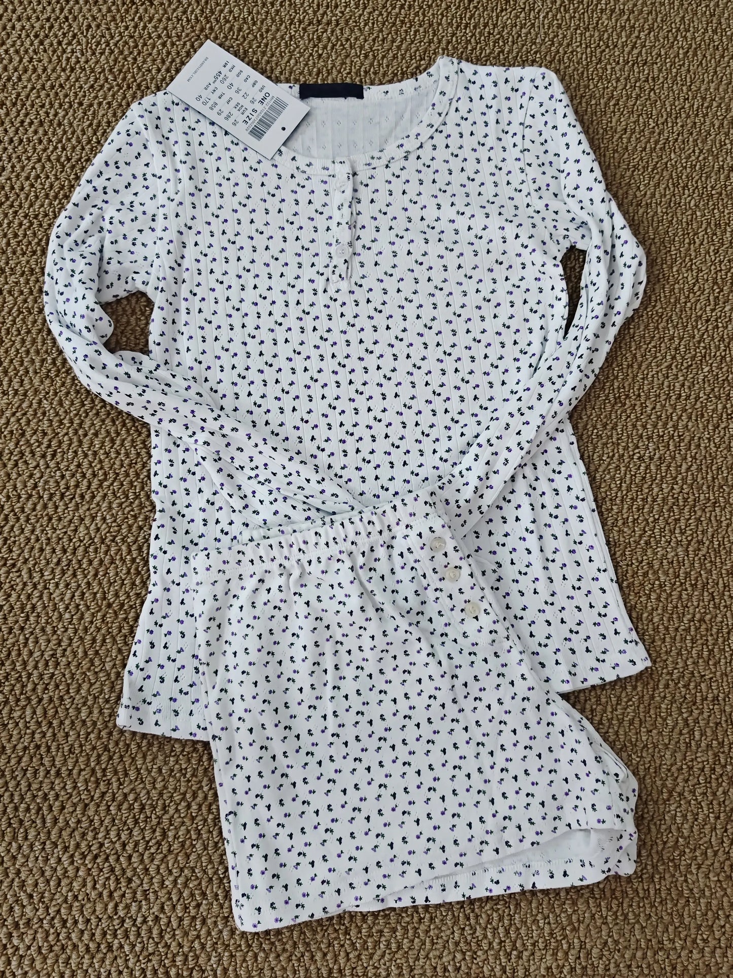 Eyelet Button Long Sleeve T-shirt & Shorts Set – Cotton Pajama