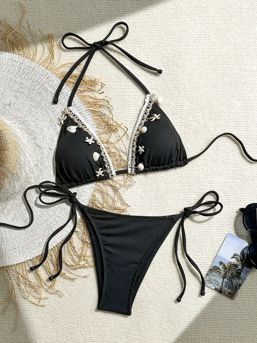 Halter Bikini with Shell Detail – Ribbed Texture