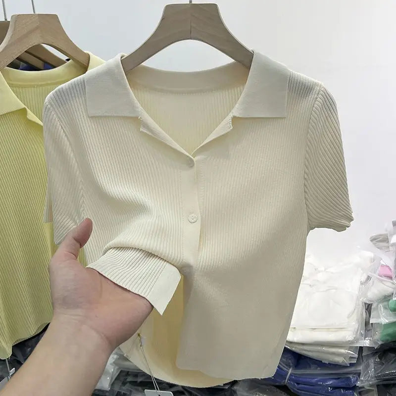 Polo Neck Knit Top — Basic Summer Short Sleeve**k
