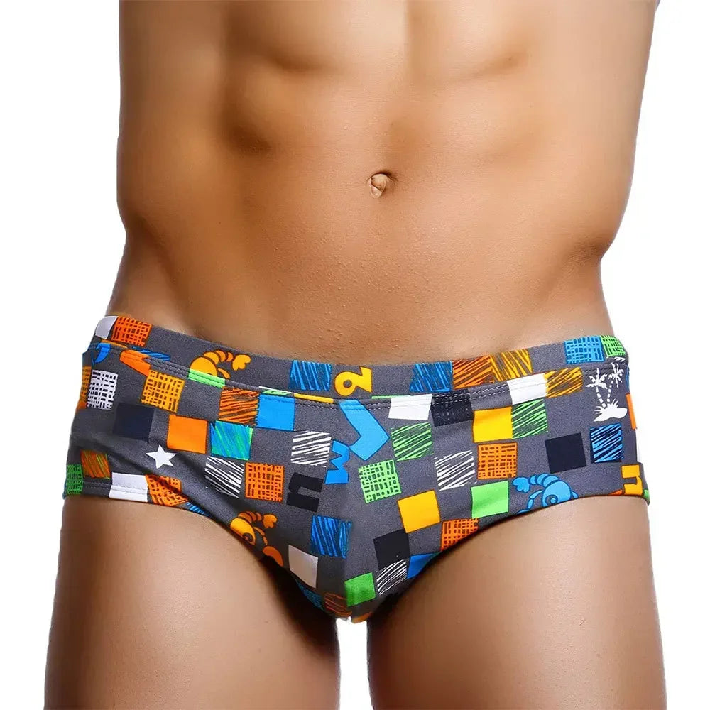 Square Graffiti Print Swim Boxer Briefs — Brazilian Cut