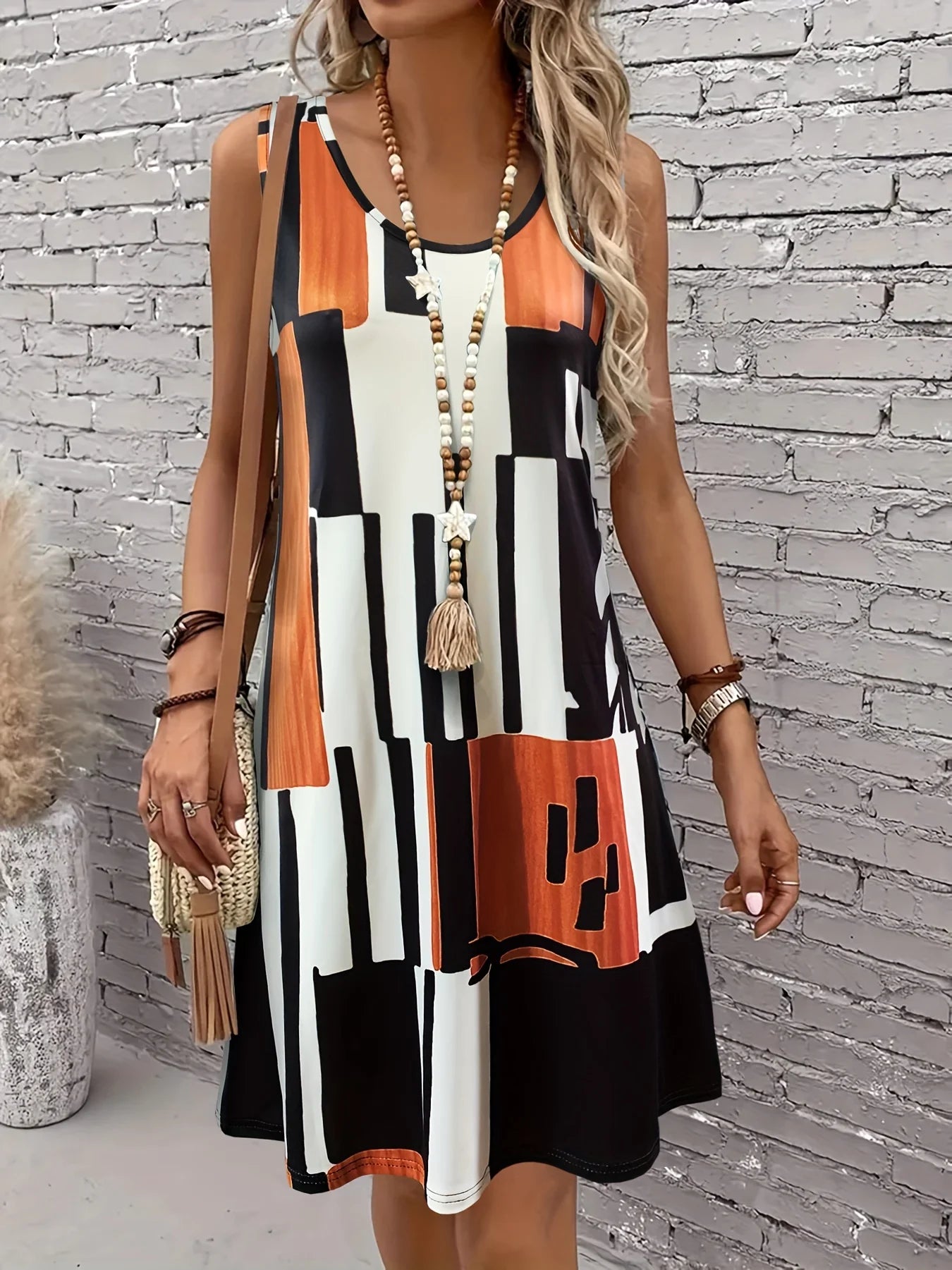 Geometric Pattern Sleeveless Midi Dress — Spring & Vacation Bohemia Style