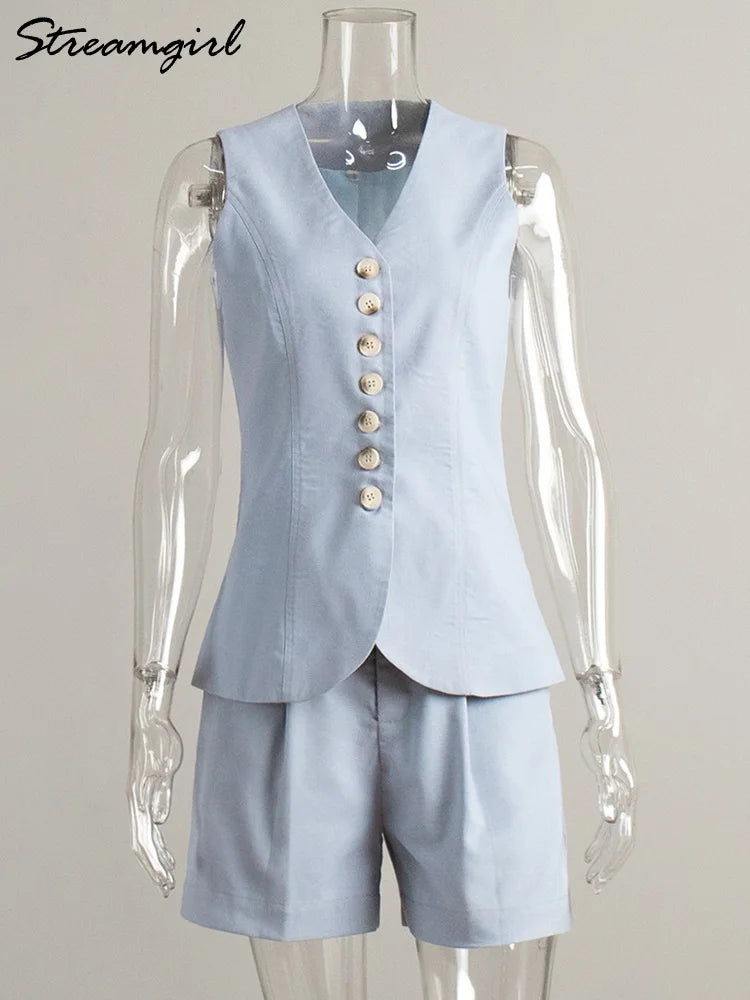 Linen Vest & Shorts Set – Elegant Office Two Piece Outfit