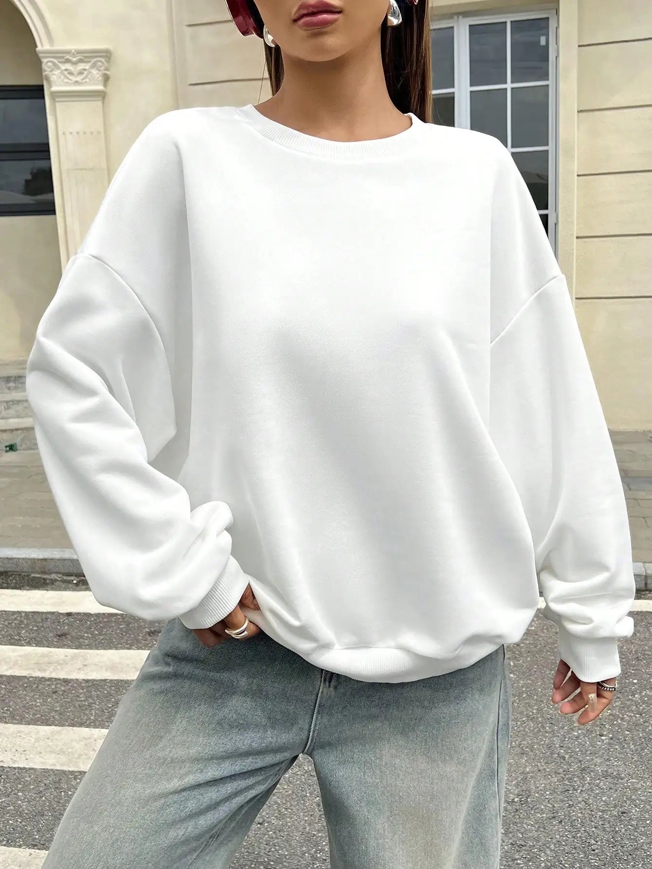 Sporty White Sweatshirt — Minimalist Crewneck, Soft Touch Casualwear