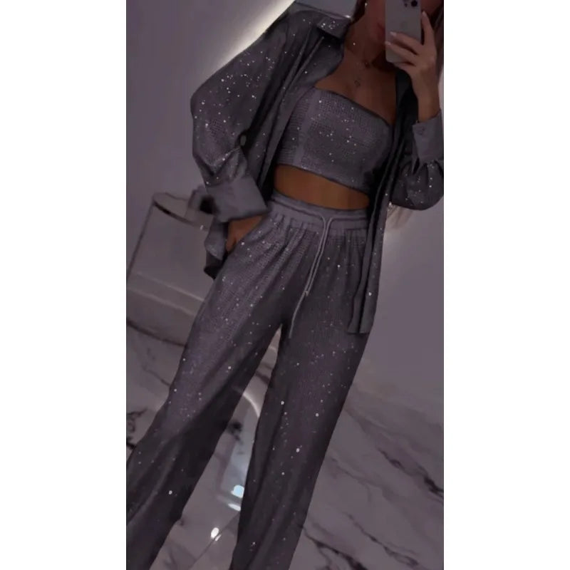 Sequin Shirt & Wide-Leg Trousers Set