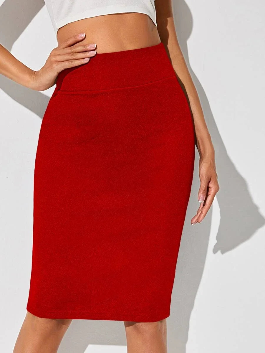 Solid Color High Waist Pencil Skirt — Formal Office Wear