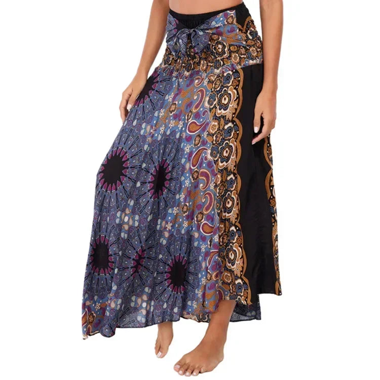 Black Patchwork Bandage Skirt — Ankle-Length