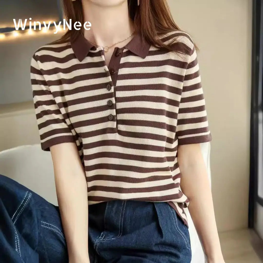 Striped Polo T-shirt — 100% Cotton Casual Top