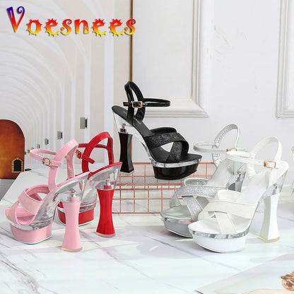 StageGlow | 14.5CM Platform Heels – Cross Strap Hollow-Out Sandals