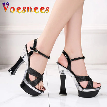 StageGlow | 14.5CM Platform Heels – Cross Strap Hollow-Out Sandals