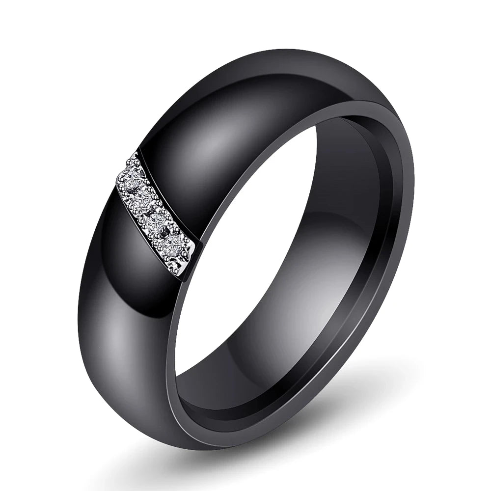 6mm Black & White Ceramic Ring – Crystal Inlay Wedding Band
