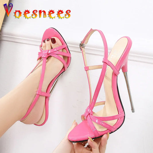 Stella | 16CM Thin Strap Metal Stiletto Sandals – Large Size Party Heels