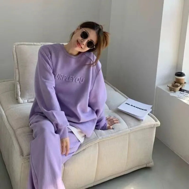 Purple Sports Suit – Loose Long Sleeve Sweater & Pants Set