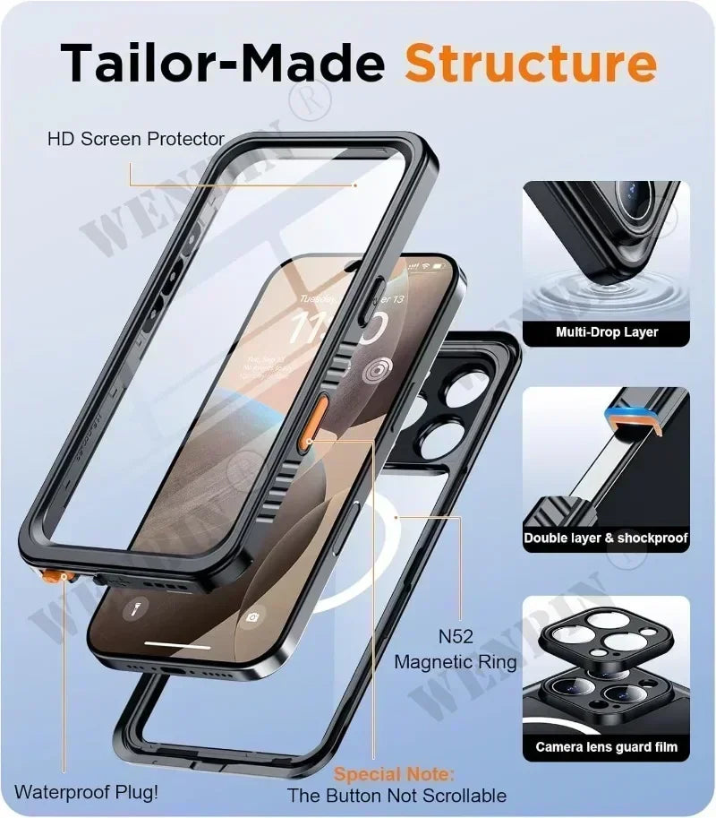 IP68 Waterproof Case – iPhone 15 to 17 Pro Max | Diving-Grade Full Body Protection + MagSafe