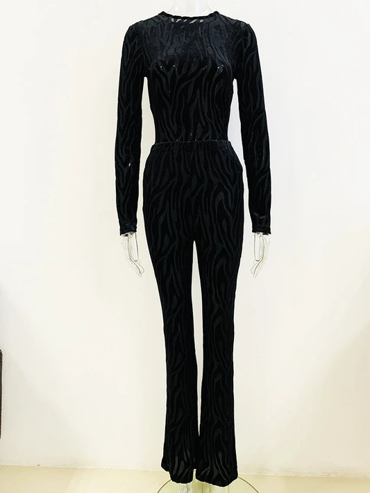 Velvet Embossed Top & Flared Pants Set