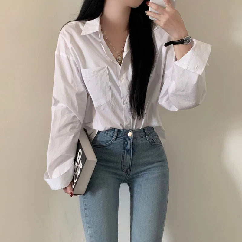 Lace Detail Blouse — Long Sleeve, Button Collar, White