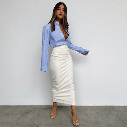 Ruched PU Leather Midi Skirt — Office Elegant Look