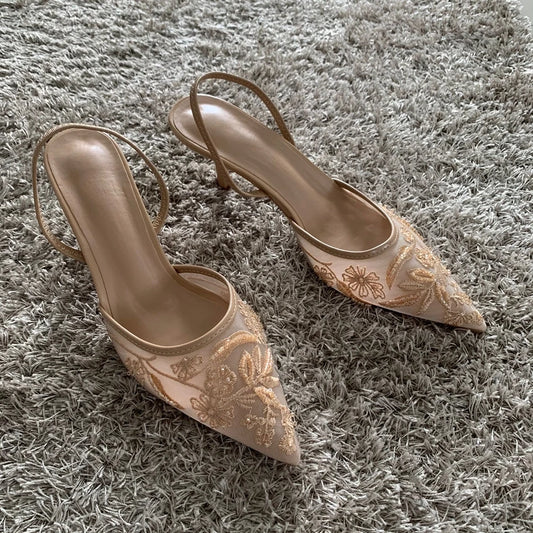 LaceGlow | Mesh Embroidered Heeled Mules – Beaded Pointed Toe Slingbacks