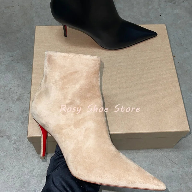 SuedeGlow | Apricot Suede Pointed Toe Ankle Boots – Side Zipper