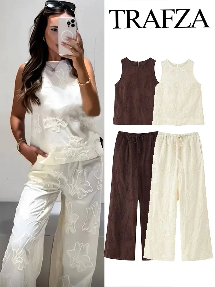 Embroidered Retro Set – Lace-up Vest & Summer Trousers