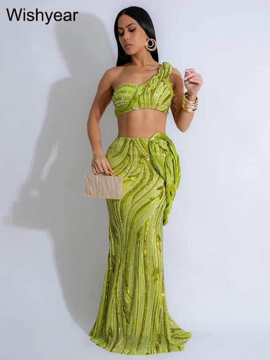 One-Shoulder Top & Sequin Fishtail Skirt
