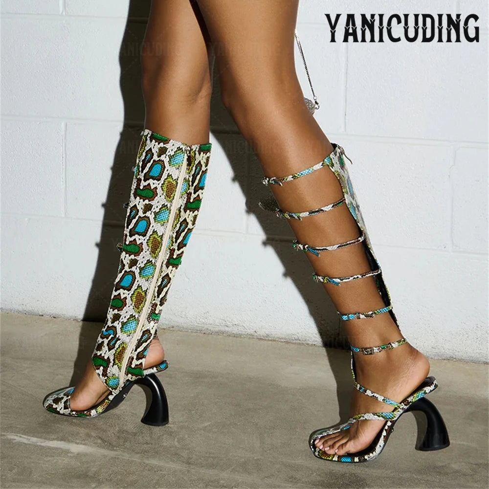 CurveStep | Asymmetrical Gladiator Sandal Boots – Glossy Snakeskin