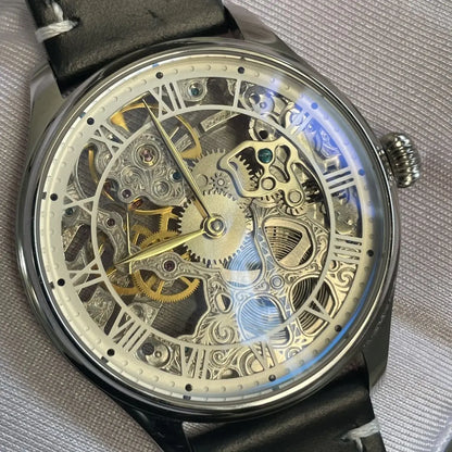 Custom Pilot Watch – 44mm Skeleton Movement, Hollow Mechanical Design