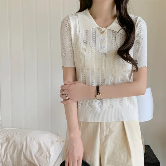 Hollow Out Polo Knit — Slim Fit Summer Short Sleeve