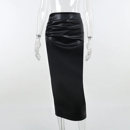 Ruched PU Leather Midi Skirt — Office Elegant Look
